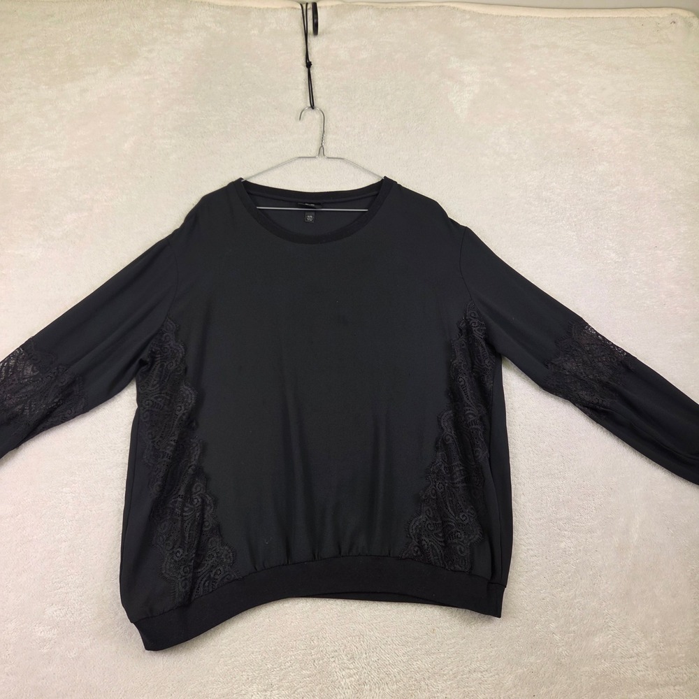 Black Long Sleeve Crewneck Top with Floral Lace Side Panels and Ribbed Trim